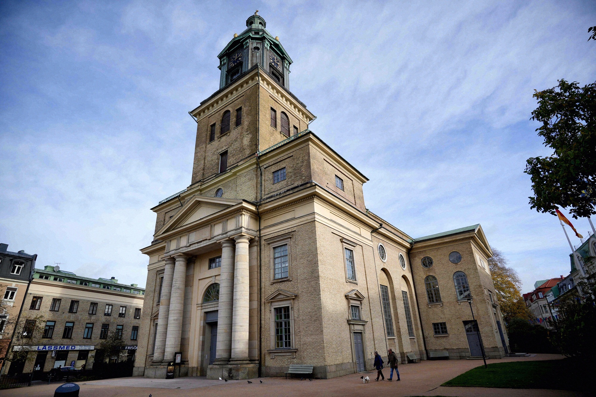 The neoclassical Gothenburg Cathedral with its distinctive tower shapes the city skyline.